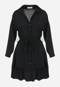Born2be - Czarna Sukienka Koszulowa z Falbanką i Wiązanym Paskiem Fian. Kolor: czarny. Materiał: materiał. Długość rękawa: długi rękaw. Typ sukienki: koszulowe. Styl: klasyczny. Długość: mini #4