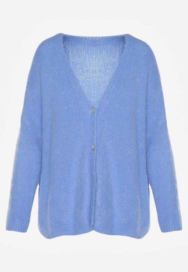 Renee - Niebieski Kardigan z Wełną i Moherem o Klasycznym Kroju z Dekoltem w Serek Avelmio. Okazja: na co dzień, na randkę, na spacer. Typ kołnierza: dekolt w serek. Kolor: niebieski. Materiał: wełna, moher. Długość rękawa: długi rękaw. Długość: długie. Styl: klasyczny