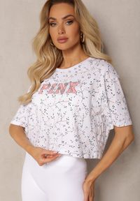 Renee - Biały Oversize T-shirt Krótki z Bawełny Ozdobiony Napisem i Printem Dawene. Okazja: na co dzień. Kolor: biały. Materiał: bawełna. Długość: krótkie. Wzór: napisy, aplikacja, nadruk. Styl: casual #4