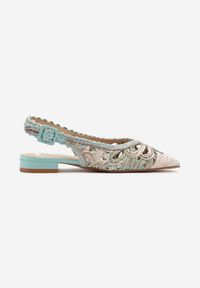 Renee - Zielone Sandały Slingback z Szydełkową Cholewką z Metalicznymi Przeszyciami Frolette. Okazja: na co dzień. Zapięcie: pasek. Kolor: zielony. Materiał: jeans. Obcas: na obcasie. Styl: casual, elegancki. Wysokość obcasa: niski #4