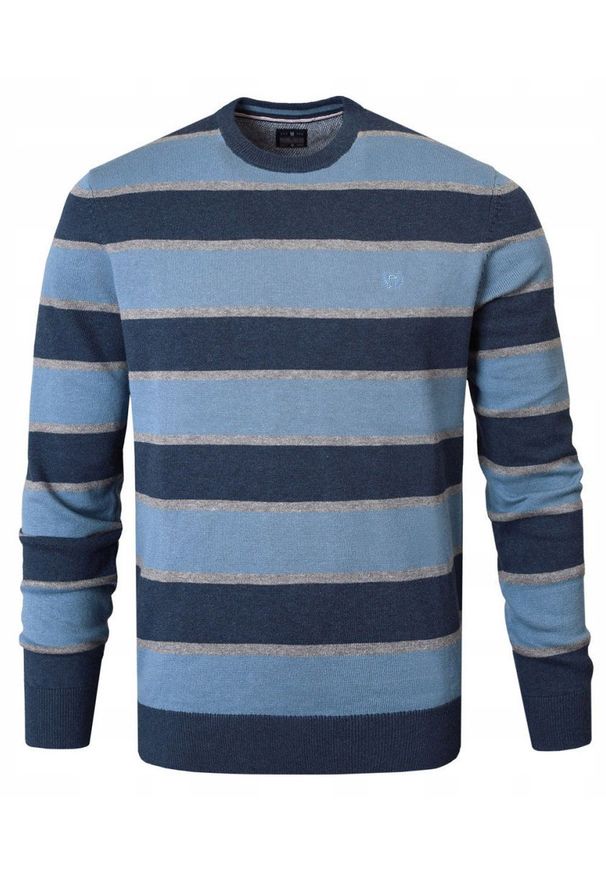 Bawełniany Sweter Męski, Okrągły Dekolt - Pako Jeans - Niebieski i Granat, Pasy. Kolor: niebieski. Materiał: bawełna. Styl: klasyczny, elegancki