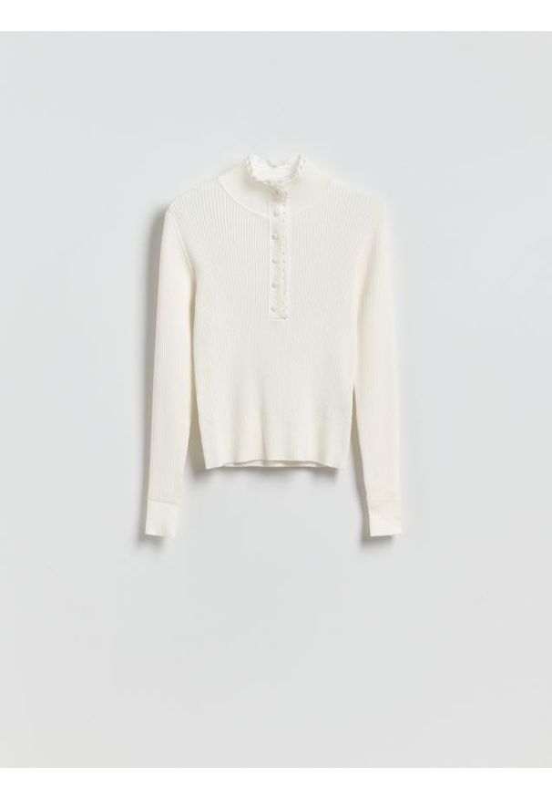 Reserved - Bluzka ze stójką - kremowy. Typ kołnierza: kołnierzyk stójkowy. Kolor: kremowy. Materiał: dzianina, wiskoza