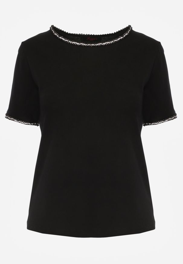 Renee - Czarny T-shirt z Bawełny Zdobiony Lamówką z Metaliczną Nicią Petinope. Kolor: czarny. Materiał: bawełna. Wzór: aplikacja