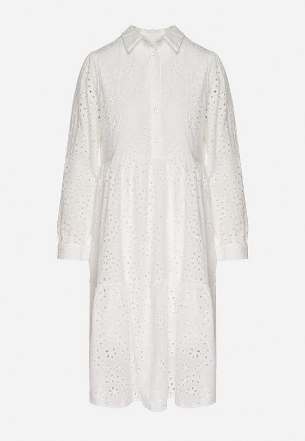 Born2be - Biała Bawełniana Sukienka Ażurowa o Koszulowym Kroju Ridivania. Okazja: na spacer, na co dzień. Typ kołnierza: kołnierzyk klasyczny. Kolor: biały. Materiał: bawełna. Długość rękawa: długi rękaw. Wzór: ażurowy. Typ sukienki: koszulowe. Styl: casual, elegancki, klasyczny