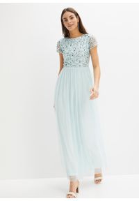 bonprix - Długa sukienka z aplikacją z cekinów. Kolor: niebieski. Wzór: aplikacja. Długość: maxi #3