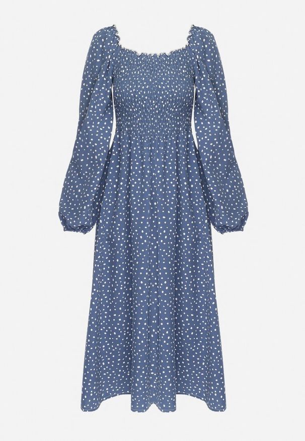 Born2be - Granatowa Rozkloszowana Sukienka Midi w Kropki Farnai. Kolor: niebieski. Wzór: kropki. Typ sukienki: rozkloszowane. Styl: retro. Długość: midi