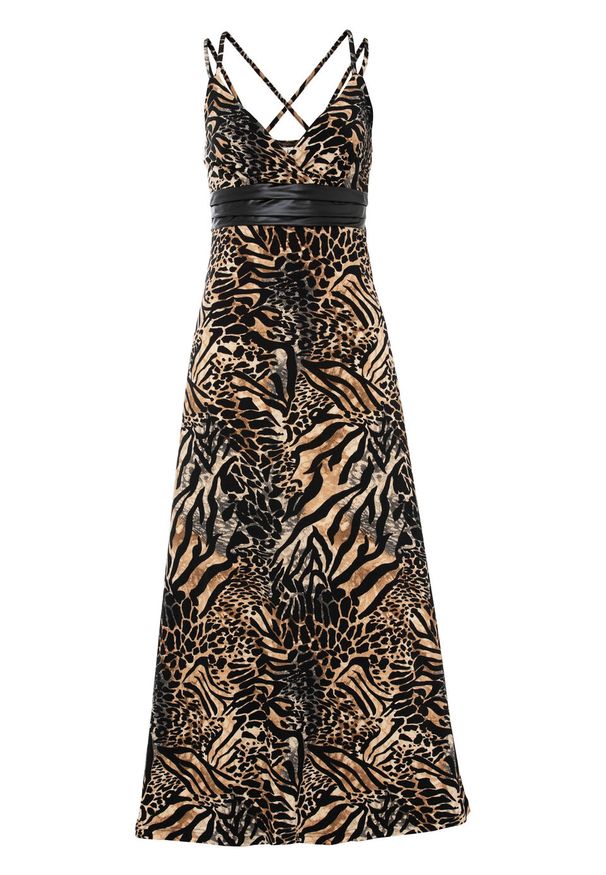 Długa sukienka z wstawką ze sztucznej skóry bonprix w cętki leoparda. Kolor: czarny. Materiał: skóra. Długość: maxi
