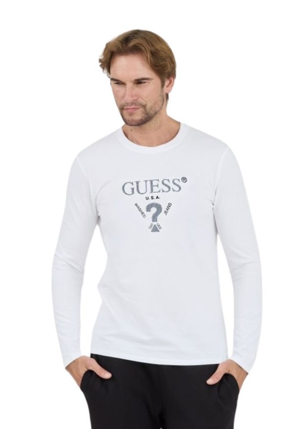Guess - GUESS Biały męski longsleeve Ls Cn. Kolor: biały. Materiał: bawełna. Długość rękawa: długi rękaw. Długość: długie