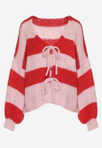 Born2be - Czerwony Wiązany Kardigan Oversize w Paski z Dodatkiem Wełny i Wiskozy Retire. Kolor: czerwony. Materiał: wełna, wiskoza. Wzór: paski #2