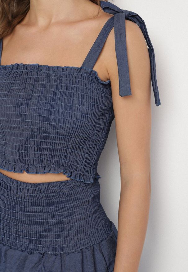 Born2be - Granatowy Komplet Bawełniany Top z Kokardkami i Spódnica z Falbanami Zaliella. Kolor: niebieski. Materiał: bawełna