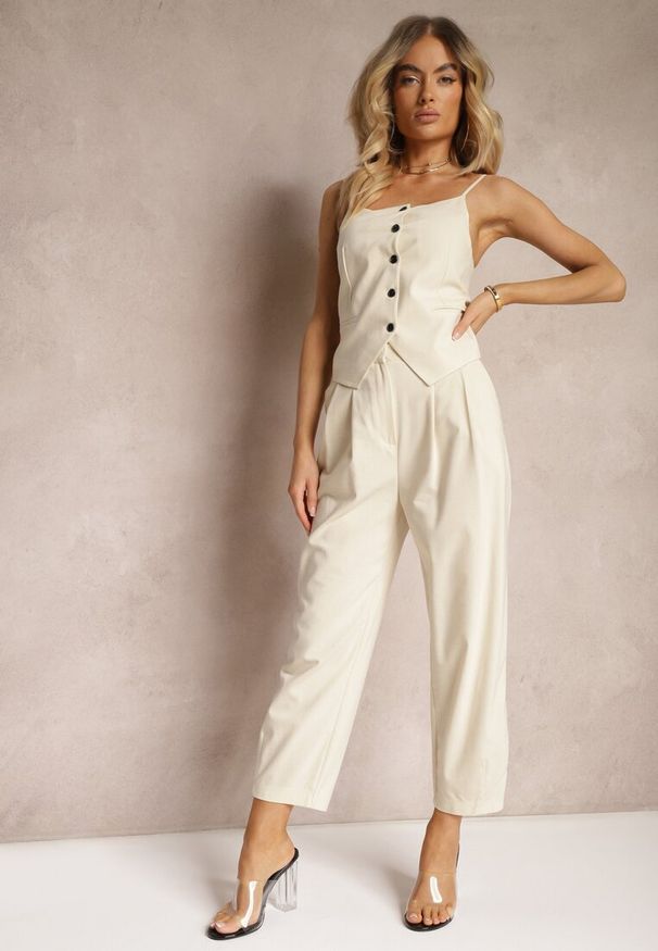 Renee - Jasnobeżowe Spodnie Paper Bag High Waist Zapinane na Suwak Nestabella. Okazja: na spotkanie biznesowe, do pracy, na co dzień. Stan: podwyższony. Kolor: beżowy. Styl: biznesowy, elegancki, casual