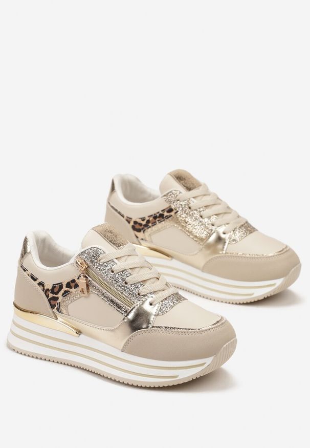 Born2be - Beżowe Sneakersy na Grubej Podeszwie z Brokatem i Metalicznymi Wstawkami Aeliss. Kolor: beżowy