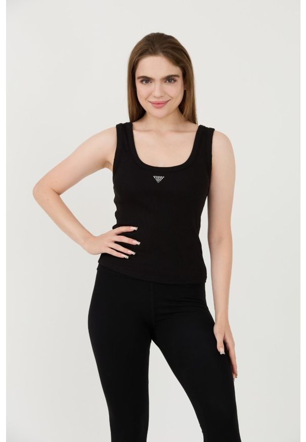 Guess - GUESS Czarny damski top Triangle Bling Rib Tank, Rozmiar S. Kolor: czarny