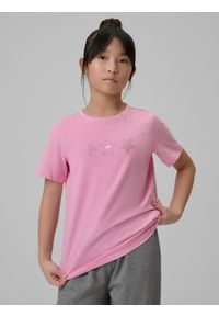 4f - 4F T-shirt regular z nadrukiem dziewczęcy - różowy 152 (11-12 lat). Okazja: na co dzień. Kolor: różowy. Materiał: skóra, bawełna, materiał. Długość rękawa: krótki rękaw. Długość: krótkie. Wzór: nadruk. Sezon: lato. Styl: casual #2