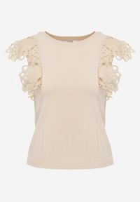 Born2be - Jasnobeżowy Bawełniany Top z Koronką przy Ramionach Learena. Kolor: beżowy. Materiał: bawełna, koronka. Długość rękawa: bez rękawów. Wzór: koronka #5