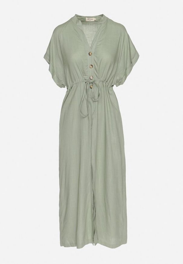 Born2be - Zielona Bawełniana Sukienka z Koszulową Górą i Ściągaczem w Talii Vikleta. Okazja: na co dzień. Typ kołnierza: dekolt w kształcie V. Kolor: zielony. Materiał: bawełna. Typ sukienki: koszulowe. Styl: casual, klasyczny