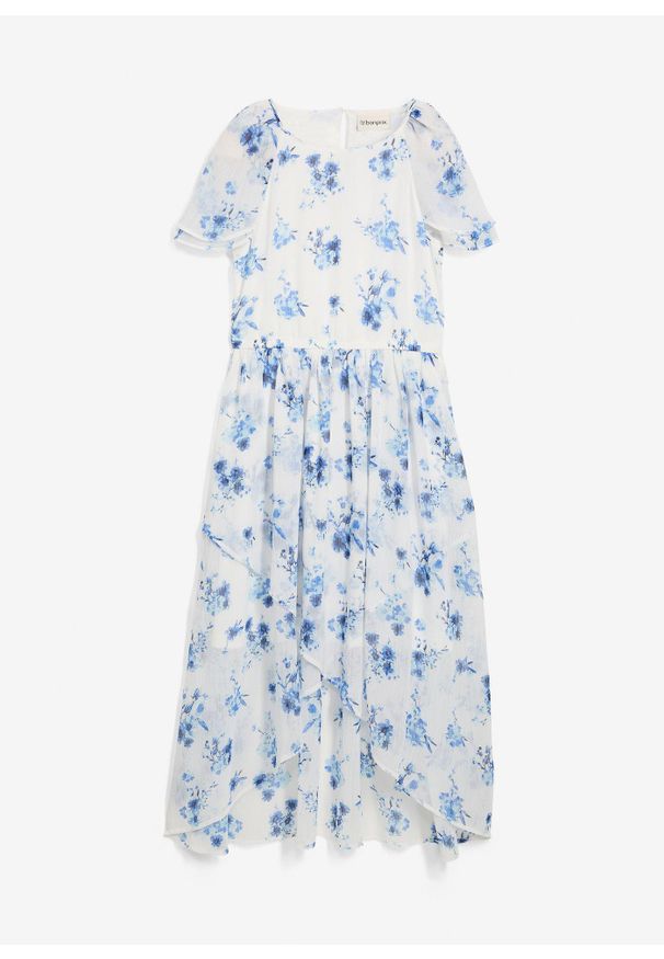 bonprix - Sukienka szyfonowa ze strukturalnej krepy. Kolor: biały. Materiał: szyfon. Wzór: kwiaty. Sezon: lato