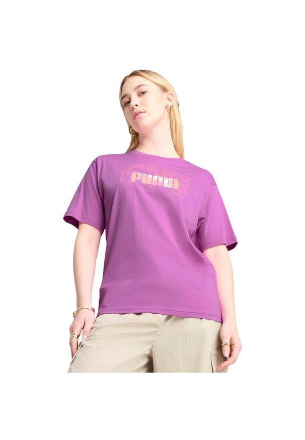 Koszulka Puma Graphics Stacked No. 1 Logo Relaxed Tee, Kobiety. Kolor: fioletowy. Materiał: bawełna, materiał