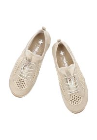 Półbuty damskie Rieker, cholewka ze skóry ekologicznej z przewiewnymi wstawkami z siateczki elastyczne sznurowanie wsuwany fason, beżowe, 55960-60. Okazja: na co dzień, na spacer. Zapięcie: sznurówki. Kolor: beżowy. Materiał: skóra ekologiczna. Szerokość cholewki: normalna. Wzór: ażurowy. Sezon: lato. Styl: casual #6