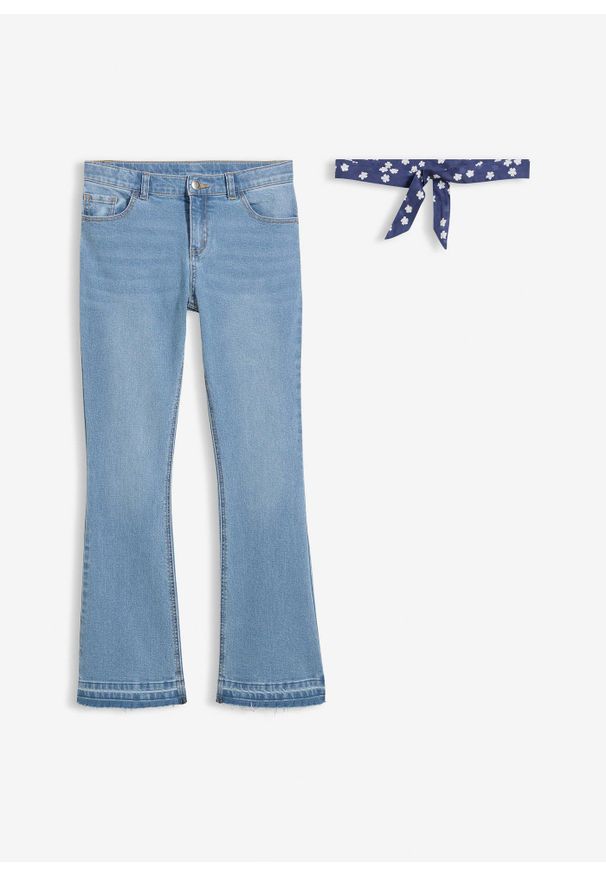 bonprix - Dżinsy flared z paskiem, średni stan (komplet 2-cz.). Kolor: niebieski. Wzór: kwiaty