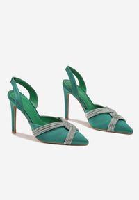 Born2be - Zielone Sandały na Szpilce z Paskami z Cyrkoniami Crossia. Zapięcie: pasek. Kolor: zielony. Wzór: aplikacja. Obcas: na szpilce #3