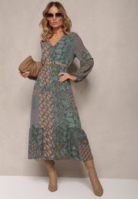 Renee - Ciemnozielona Sukienka Midi z Gumką w Talii i Falbanką Besslia. Kolor: zielony. Długość: midi #4