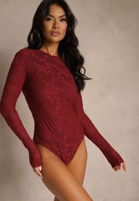 Renee - Bordowe Body Longsleeve z Koronki z Bawełną Zenisesa. Okazja: na imprezę, na co dzień. Typ kołnierza: kołnierzyk stójkowy. Kolor: czerwony. Materiał: koronka, bawełna. Długość rękawa: długi rękaw. Długość: długie. Wzór: koronka. Styl: casual, elegancki #3