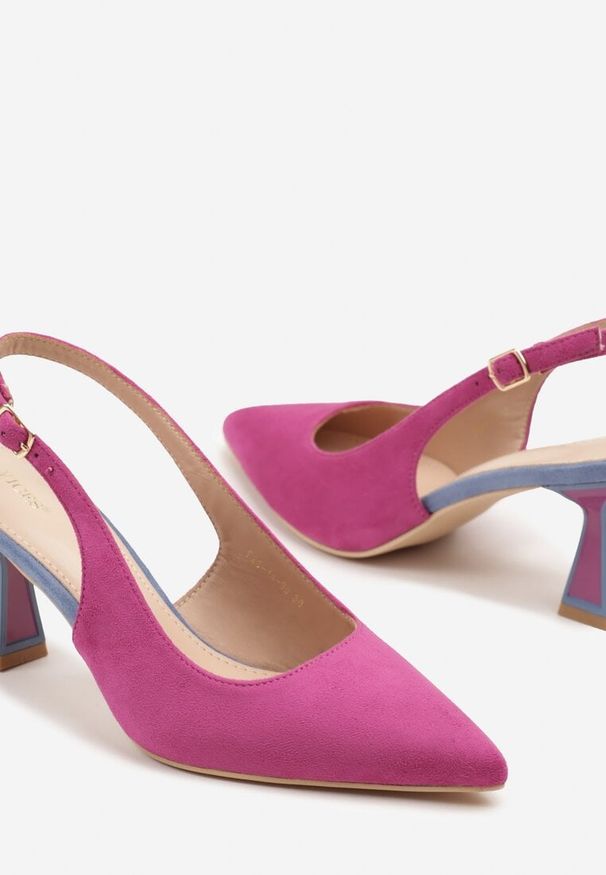 Born2be - Fioletowe Sandały Vices na Obcasie Typu Kaczuszka Bez Pięty Edinaria. Okazja: na co dzień. Zapięcie: sprzączka. Kolor: fioletowy. Materiał: jeans. Obcas: na obcasie. Styl: elegancki, casual. Wysokość obcasa: średni