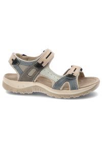 Sandały damskie McKeylor, cholewka ze skóry naturalnej regulowane paski na rzepy płaska podeszwa, beżowo niebieskie, 95414. Zapięcie: rzepy. Kolor: beżowy. Materiał: skóra. Wzór: paski. Obcas: na płaskiej podeszwie #2