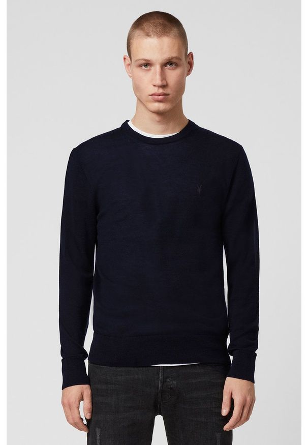 AllSaints - Sweter Mode Merino Crew. Kolor: niebieski. Materiał: dzianina. Długość rękawa: długi rękaw. Długość: długie