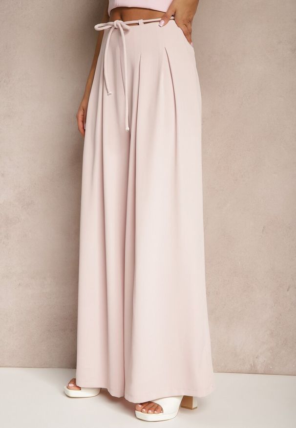 Renee - Różowe Szerokie Spodnie High Waist Zapinane na Suwak z Wiązaniem w Talii Vikonnia. Okazja: na co dzień. Stan: podwyższony. Kolor: różowy. Styl: elegancki, klasyczny, casual