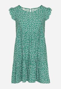 Born2be - Zielona Bawełniana Sukienka o Rozkloszowanym Kroju z Falbanką Anettes. Kolor: zielony. Materiał: bawełna. Długość rękawa: krótki rękaw. Typ sukienki: rozkloszowane. Styl: klasyczny #2