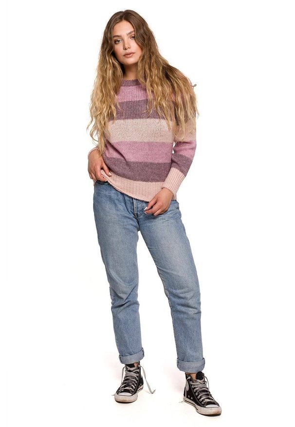 BE Knit - Mięciutki wełniany sweter w kolorowe paski. Okazja: na co dzień. Materiał: wełna. Wzór: paski, kolorowy. Sezon: jesień, zima. Styl: casual