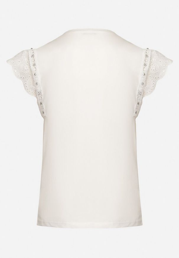 Born2be - Biała Bluzka z Bawełny z Ażurowym Wzorem i Cyrkoniami Naladora. Okazja: na co dzień. Kolor: biały. Materiał: bawełna. Długość rękawa: krótki rękaw. Długość: krótkie. Wzór: ażurowy. Styl: casual