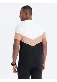 Ombre Clothing - T-shirt męski bawełniany trójkolorowy z logo - czarno-brązowy V3 S1747 - XXL. Kolor: czarny. Materiał: bawełna. Długość rękawa: krótki rękaw. Długość: krótkie. Wzór: nadruk, geometria. Styl: klasyczny #6