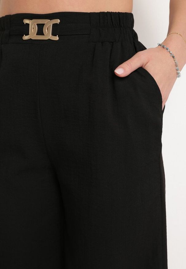 Born2be - Czarne Szerokie Spodnie Palazzo z Wysokim Stanem i Gumką w Pasie Biofina. Okazja: na spacer, na spotkanie biznesowe. Stan: podwyższony. Kolor: czarny. Styl: elegancki, biznesowy