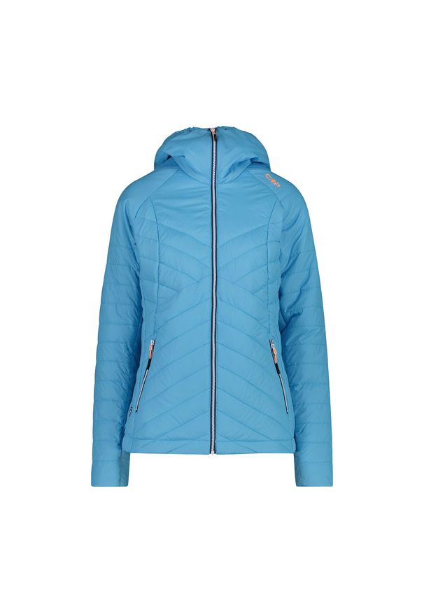 Damska kurtka z kapturem CMP. Typ kołnierza: kaptur. Kolor: niebieski. Materiał: puch. Sport: turystyka piesza