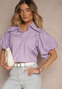 Renee - Fioletowa Koszula Klymamene. Typ kołnierza: kolnierz wykładany. Kolor: fioletowy. Materiał: jeans, materiał, tkanina. Długość: krótkie. Wzór: gładki, jednolity #3