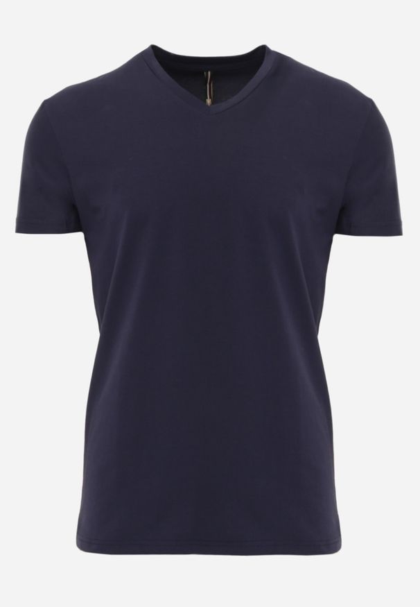 Born2be - Granatowa Koszulka T-shirt z Bawełny z Dekoltem w Serek Rionisse. Okazja: do domu, do pracy. Typ kołnierza: dekolt w serek. Kolor: niebieski. Materiał: bawełna. Styl: elegancki, klasyczny