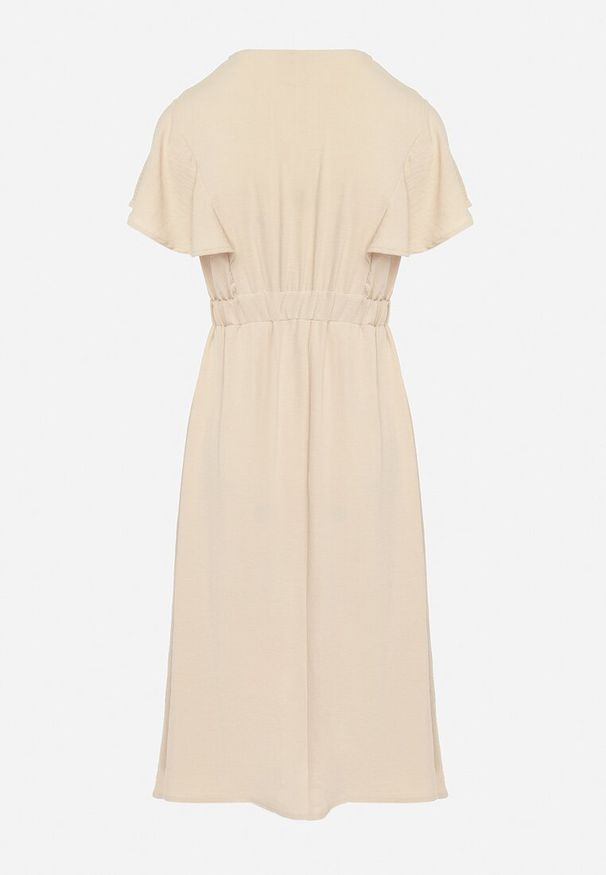 Born2be - Beżowa Sukienka Rozkloszowana Midi z Kopertowym Dekoltem Mirenal. Okazja: na co dzień. Typ kołnierza: dekolt w kształcie V. Kolor: beżowy. Materiał: tkanina. Sezon: lato. Typ sukienki: kopertowe. Styl: elegancki, casual. Długość: midi