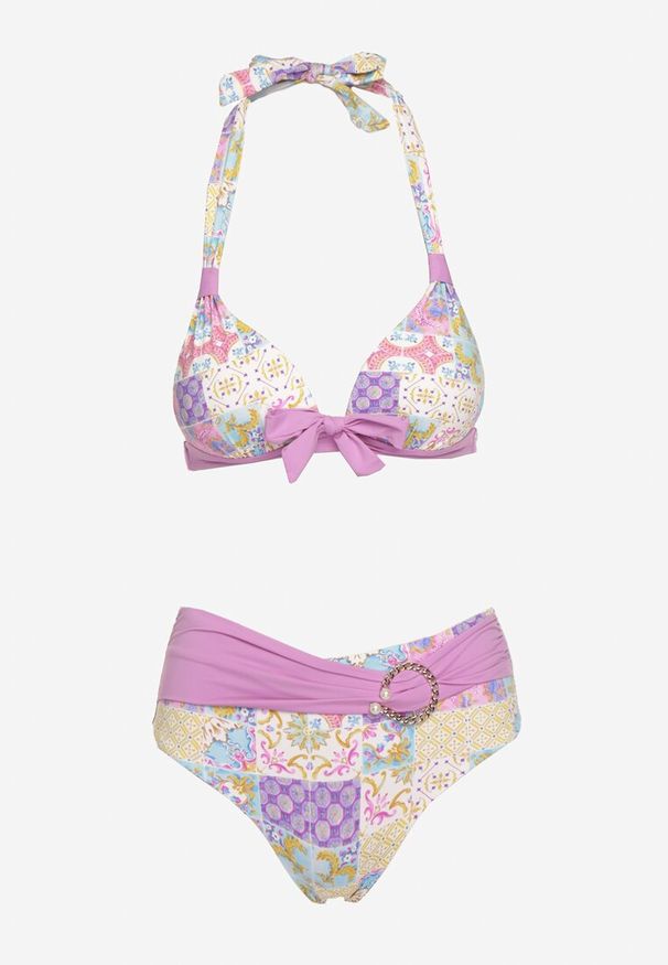 Renee - Fioletowo-Beżowe Bikini w Mozaikowy Wzór z Biżuteryjną Klamerką Vextella. Kolor: fioletowy