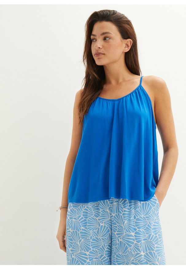 bonprix - Top na wąskich ramiączkach z lejącej wiskozy. Kolor: niebieski. Materiał: wiskoza. Długość rękawa: na ramiączkach