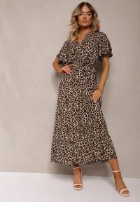 Renee - Brązowa Kopertowa Sukienka Bawełniana z Gumką w Talii i Materiałowym Paskiem Teslana. Okazja: na co dzień. Kolor: brązowy. Materiał: materiał, bawełna. Wzór: nadruk. Sezon: lato. Typ sukienki: kopertowe. Styl: casual #4