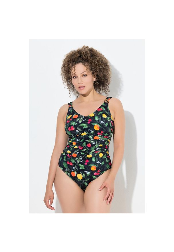 ULLA POPKEN - Damski Kostium kąpielowy owoce marszczenie miękkie miseczki. Kolekcja: plus size. Kolor: czarny. Materiał: poliester, elastan, poliamid, materiał