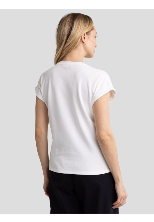 Big-Star - Koszulka damska z podwijanym rękawem biała Adela 100. Kolor: biały. Materiał: dzianina, żakard. Długość rękawa: krótki rękaw. Długość: krótkie. Wzór: gładki, jednolity. Styl: klasyczny