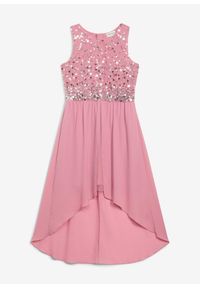 bonprix - Sukienka z dłuższym tyłem. Kolor: różowy. Materiał: materiał. Długość rękawa: krótki rękaw. Styl: elegancki #1