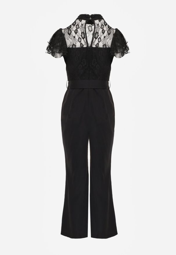 Born2be - Czarny Elegancki Kombinezon VICES z Koronkową Górą i Rozszerzanymi Nogawkami Talinoe. Okazja: na randkę, do pracy, na wesele, na spotkanie biznesowe, na ślub cywilny. Kolor: czarny. Materiał: koronka. Wzór: koronka. Sezon: lato. Styl: elegancki