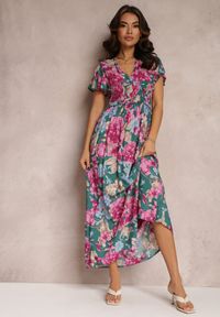 Renee - Zielona Sukienka z Szeroką Gumką w Talii w Kwiaty Shathi. Typ kołnierza: dekolt kopertowy. Kolor: zielony. Materiał: wiskoza. Wzór: kwiaty. Typ sukienki: kopertowe. Długość: maxi #3