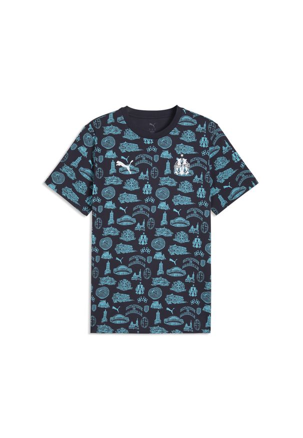 Puma - Męska koszulka FtblCulture Olympique Marsylia z nadrukiem na całej powierzchni. Kolor: niebieski, wielokolorowy, biały. Wzór: nadruk. Sport: piłka nożna