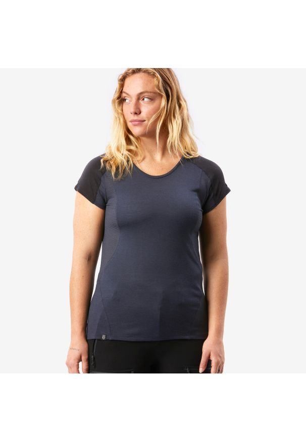 SIMOND - Koszulka damska trekkingowa z krótkim rękawem Simond MT500 merino. Kolor: szary, czarny, wielokolorowy. Materiał: materiał, elastan, poliamid, wełna. Długość rękawa: krótki rękaw. Długość: krótkie. Sport: turystyka piesza